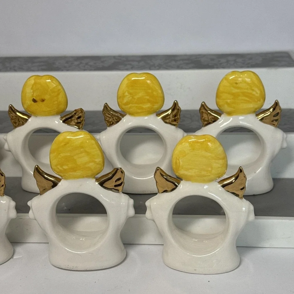 VTG Ceramic‎ Set 8 Standing Angel Napkin Holders Rings White Christmas Dinner